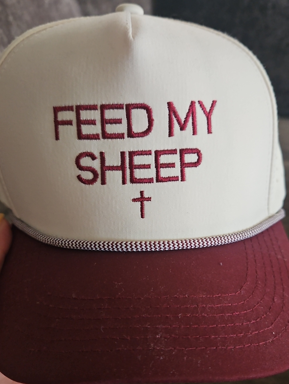 White and Burgundy 'Feed My Sheep' Trucker Hat